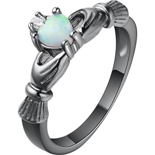 Romantic Claddagh Love Heart White Fire Opal Ring Fashion Opal Jewelry Party Black Rings For Women Valentines Gift