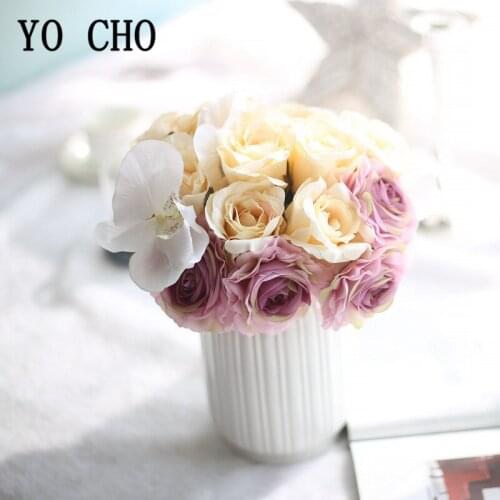 Silk Rose Butterfly Orchid Artificial Flowers Bouquet Wedding Home Decor Big Fake Flowers Rose DIY Decor Bundle for Hotel Party