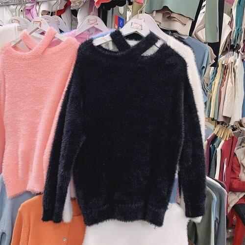Halter Off Shoulder Sweater Female All-Matching Mink Fur Sweet Knit Top Ladys Fashion Jumper Pullovers 2021 Spring