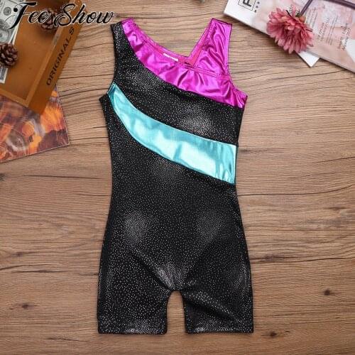 FEESHOW Kids Girls Ballet Dance Leotard Unitard Splice Colorful Splice Top Bodice Shorts Gymnastics Leotard Jumpsuit Bodysuit