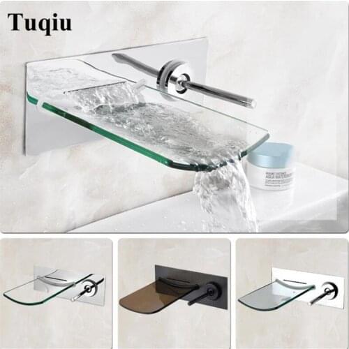 Bathroom LED lavatory basin faucet brass in-wall waterfall Hot and Cold sink mixer waterfall faucet single lever chrome