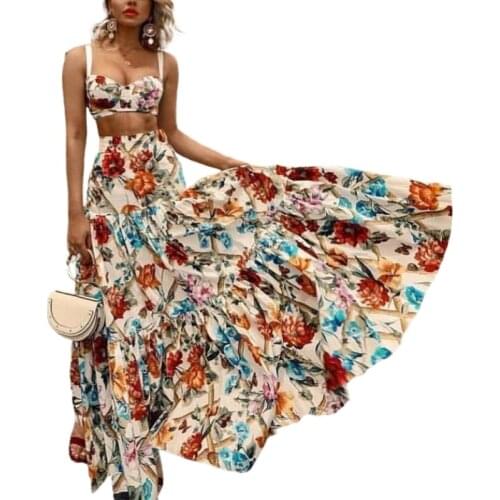 Women Print Sexy Crop Top High Waist Elastic Skinny Long Skirts Two Pieces Set Female Fashion Outfit Plus Size SM L XL XXL