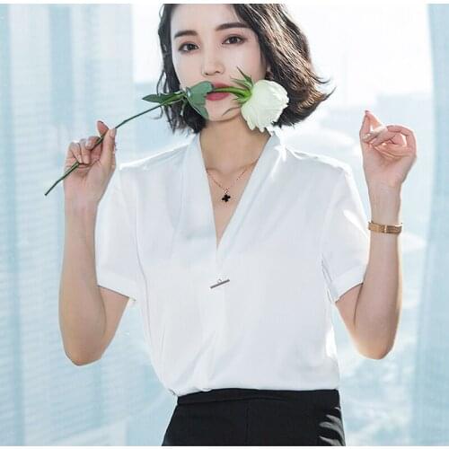 Office Work Wear OL Women Chiffon Blouses Shirts Lady Casual Short Sleeve V-Neck Blusas Tops DD1843