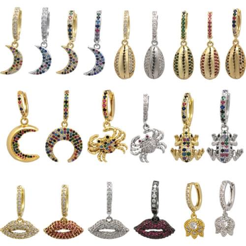 QMHJE 1 Piece Small Hoop Earrings Women Gold Silver Color CZ Rainbow Paw Moon Lips Shell Heart Crab Hoops Jewelry Mini Sexy Girl
