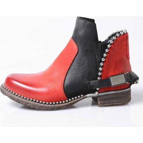 England Style Punk Boots Women Vintage Street Rivet Round Toe Block Heel Ankle Boot Top Quality Winter Fleece Botas Mujer