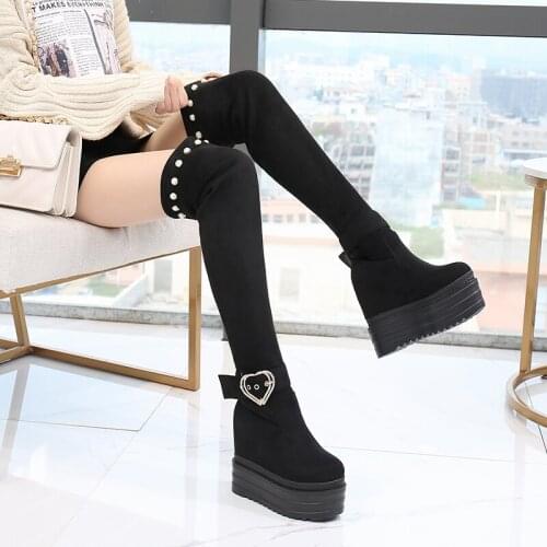 Sexy Metal Buckle Over The Knee Boots High Heels Platform Wedges Black Tight High Boots For Women Fashion Rivet Winter