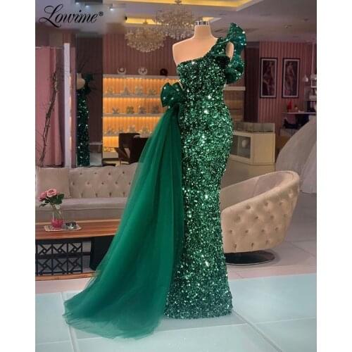 Lowime Green Sequins Party Dress Mermaid Evening Dresses With Detachable Skirt 2021 Custom Made Plus Size Arabic Prom Gowns Robe