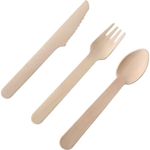 300Pcs/Pack Wooden Cutlery Biodegradable Flatware Disposable Knives Forks Spoons Bamboo Dinnerware Set Kitchen Tableware
