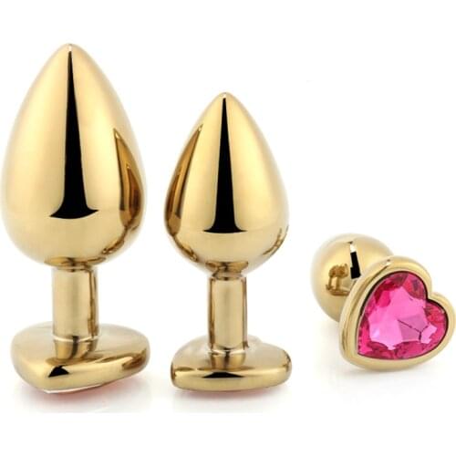 50pcs/lot Three Size Golden Heart Shaped Stainless Steel Crystal Jewelry with 12 Color Anal Butt Plug Sex Toys for Women GS0312