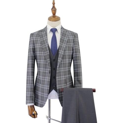 Free Shipping High Quality Mens Suit Casual Blazer Slim Tit Plaid Design 3 Piece Set Blue Color