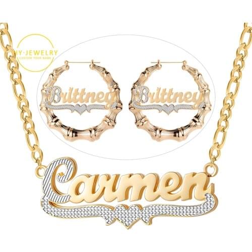 Two Tone Jewelry Set Personalized Custom 18K Gold Plated Double Layer Chain Name Necklace And Bamboo Name Earrings Set For Women