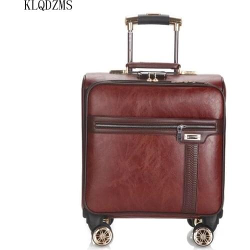 KLQDZMS Retro PU Leather Rolling Luggage Spinner Travel bag Men Women Business 16 inch Carry On Trolley Suitcases