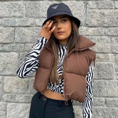 Foridol Coffee Puffer Padded Coat Vest Women Zipper High Streetwear Short Winter Sleeveless Short Jacket Autumn Harajuku Top
