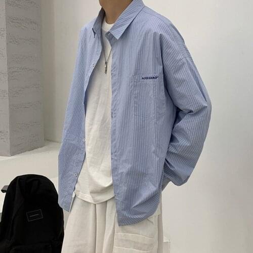 Summer Long-Sleeved Striped Shirt Mens Trend College Style Casual Loose Tops Male Clothing Large Size 5XL MA041