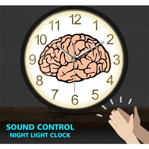 Brain Metal Frame LED Wall Clock Sound Control Organology Medical Wall Art Anatomy Laboratory Decor Wall Watch Neurologist Gift