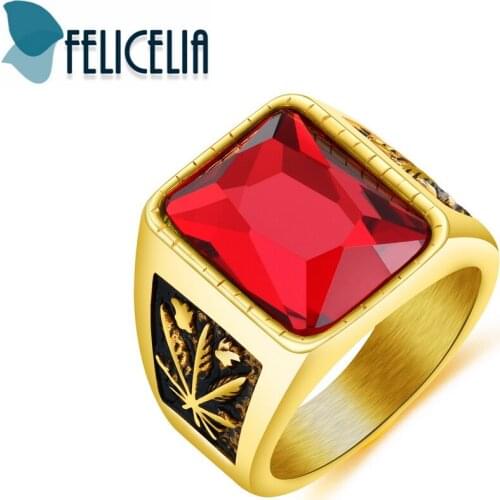 Felicelia Black Silver Gold Color Stainless Steel Men Finger Rings Delicate Black Red Rhinestone Ring Trendy Jewelry, 6 Color