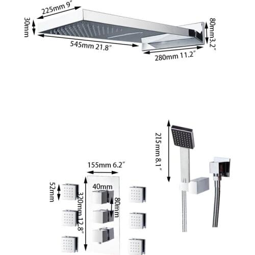 KEMAIDI Bathroom Faucet Set Rectangle Shower Head Brass Chrome Polished Body Massage Jets With Hand sprayer Kit