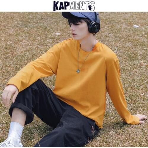 KAPMENTS Men Japanese Streetwear Solid Long Sleeve Tshirts 2020 Man Harajuku Kpop Cotton 6 Colors T-shirts Male Casual Tops Tees