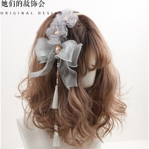 Fairy Headdress Lolita Girl Elegant Hairpin Pearl Tassel KC Hair Hoop Ribbon Flower Bowknot Side Clip Hair Accessories Headband