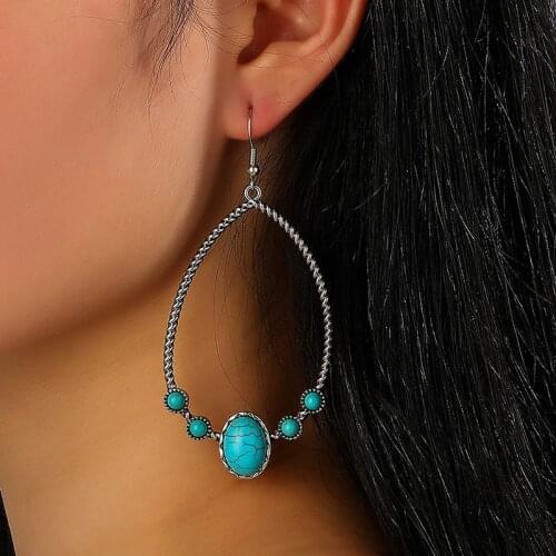 Retro Turquoises Oval Hoop Earrings Vintagae Drop Shaped Beaded Green Stone Large Circle Dangle Earrings Party Gift Womem