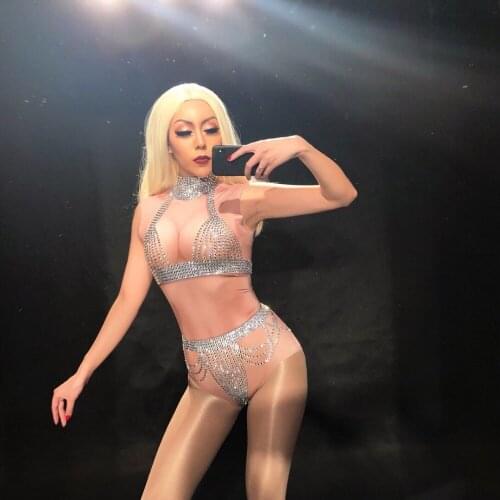 Sexy Stage Silver Glass Sparkling Crystals Bikini Bodyuit Women Sexy Clothing Nightclub Beach Party Stage Wear Singer Dancer