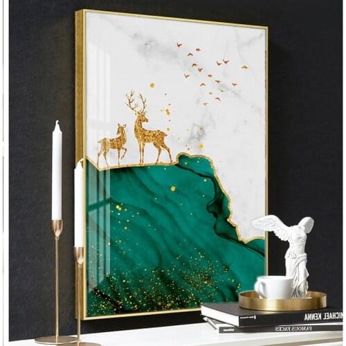 Modern Scandinavian Canvas Painting Abstract Green Mountain Gold Elk Print Poster Wall Art Picture for Living Room Decoration