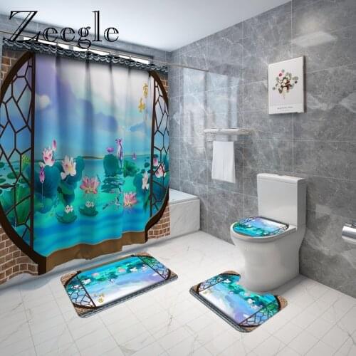 Traditional Scenic Bath Mat and Shower Curtain Set Microsoft Bathroom Carpet Flannel Toilet Seat Cover Mat Bathroom Floor Rug