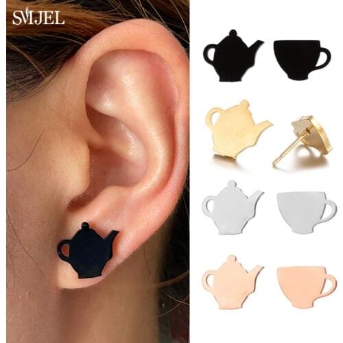 Unique Stainless Steel Earrings Women Black Tea Pot Cups Earrings Elegant Style Teapot Tea set Ear Studs Creative Jewelry Gift