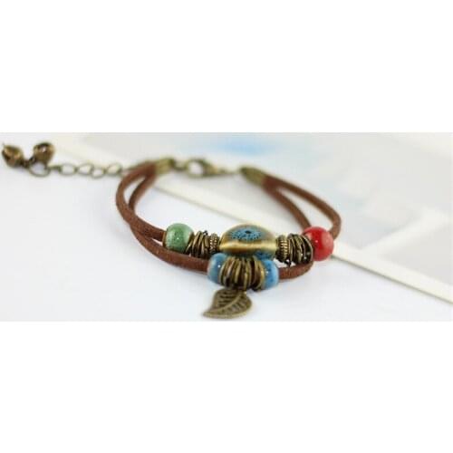 Leather Charm Bracelets Women Ceramic Beads Leaves Vintage Bohemia Bangles Rope Link Chain Statement Anklet Jewelry Accessories