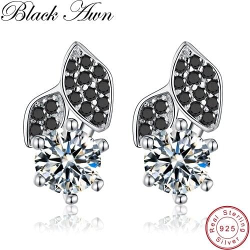 [BLACK AWN]Cute Flower 1.8g 925 Sterling Silver Jewelry Stud Earrings for Women Female Black Spinel Stone Earring T137