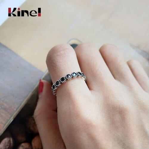 Kinel Genuine 925 Sterling Silver Stackable Ring Black CZ Finger Rings for Women Wedding Band Anniversary Jewelry