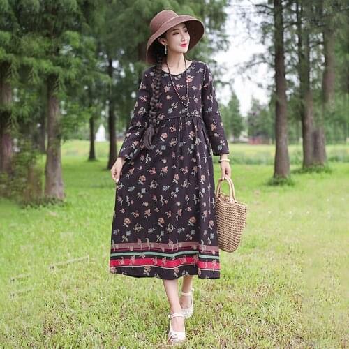 2021 New Arrival Long Sleeve Autumn Dress Print Floral Cotton Linen Vintage Office Lady Work Dress Women Spring Casual Dress