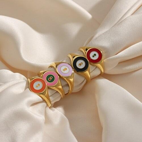 Womens Gold Plated Stainless Steel Ring Round Surface Black Green Pink Red Enamel Painting Infinity Pattern Ring