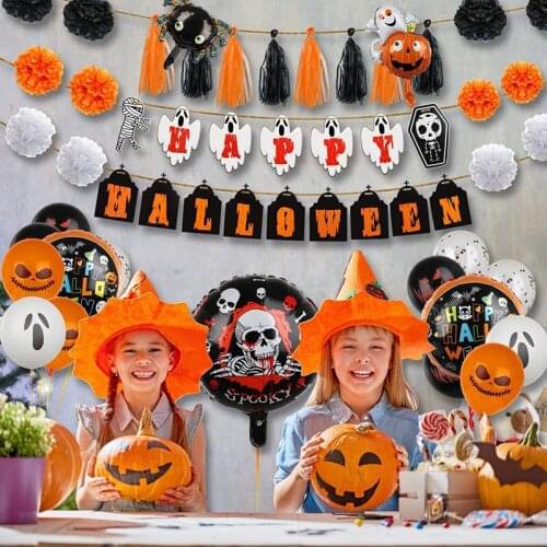 1 Set of Halloween Skull Theme Pull Flag Black and White Orange Balloon Set Funny Party Decoration Latex Balloon Safety