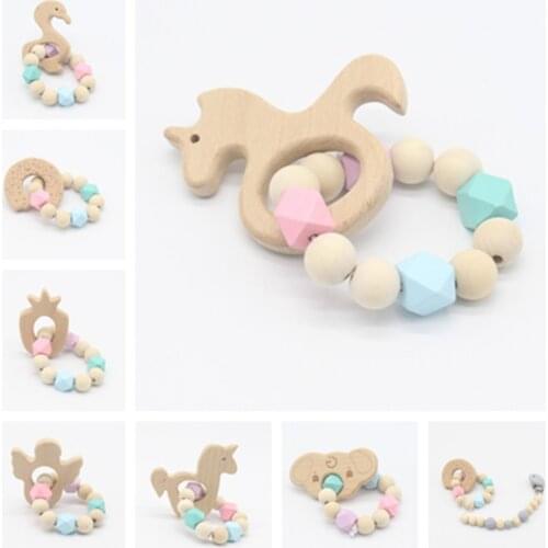 1Pcs Baby Teether Bracelet Cute Unicorn Wooden Baby Beech Toy Solid Color Infant Baby Bracelet Teething Gifts Silicone Beads