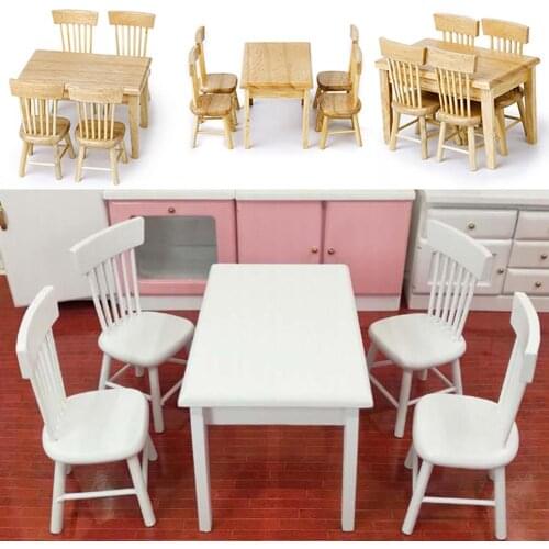 5Pcs Dining Table Chair Model 1:12 Dollhouse Miniature Wooden Furniture Toy Set