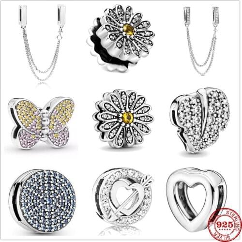 925 Sterling Silver safety chain Charm Daisy Butterfly clips Beads Fit Original Pandora Reflections Bracelet DIY women Jewelry