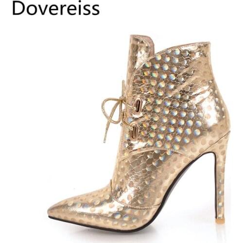 Dovereiss Fashion Womens Shoes Winter new Pointed Toe Stilettos Heels Sexy Cross tied Elegant gold Concise Mature Short boots