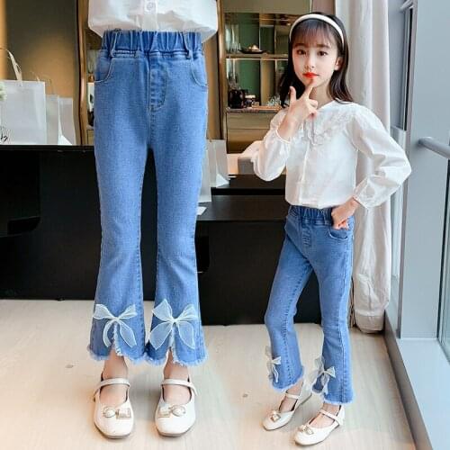 Girls jeans fall teenage girl bow denim pants wholesale children trousers 4-14year