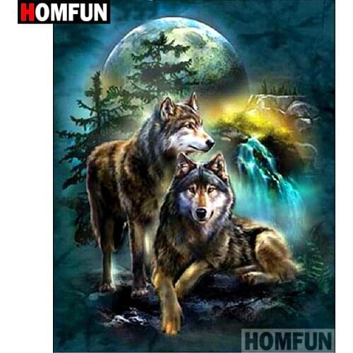HOMFUN Diamond Embroidery Moonlight wolf Diamond Painting Full Set Animal Diamond Rhinestones Pictures Hobbies A18521