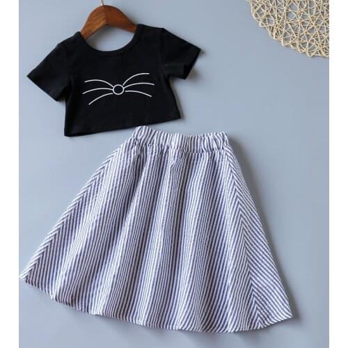 Girls Clothes Suits 2021 New Toddler Childrens Clothing 2-piece Set Summer Printed Short-sleeved T-shirt + Striped Long Skirts