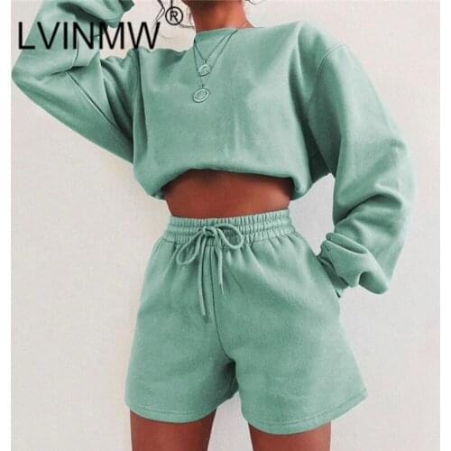 LVINMW Shorts Sets Fleece Solid Casual Autumn Sports Suits Women O Neck Long Sleeve Loose Pullover Drawstring High Waist Shorts