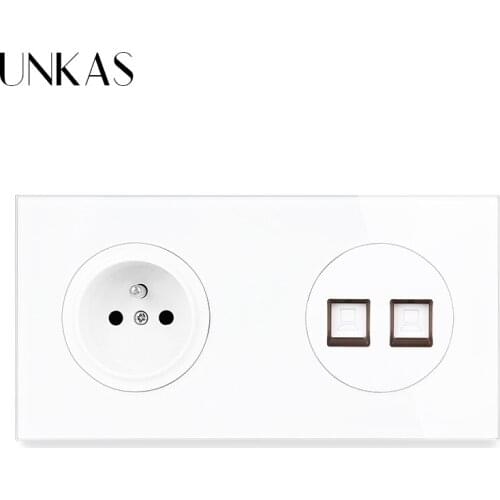UNKAS French Standard Wall Socket + Dual RJ45 Internet Data Computer Jack 172MM*86MM Tempered Luxury Crystal Glass Panel Outlet