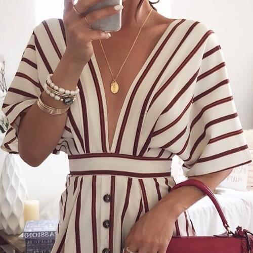 2018 New Womens Vacation Bohemian Beach Striped Button Dress Sexy Deep V Neck Loose Dresses Summer Women Vintage Casual Dresses