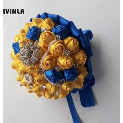Newest Gold yellow and Blue Wedding Bouquets Hand made Flower Rhinestone Bridesmaid Crystal Bridal Wedding Bouquet