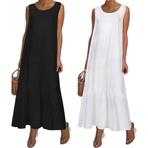 Summer Dresses for Women Sleeveless Dress Women Loose Casual Solid Pleated Large Hem Beach Dress Women Tank Dress vestidos