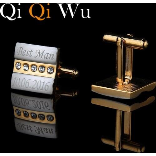 QiQiWu Gold Personalized Cufflinks Engraved Customized Cuff Links Jewelry Wedding Gifts for Men Guests Man Acc With Gift Box