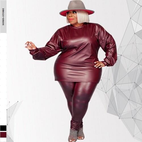 Plus Size Two Piece Outfits for Women Long Sleeve Top and Pants Sets Leather Pu Streetwear Tracksuit Wholesale Dropshipping