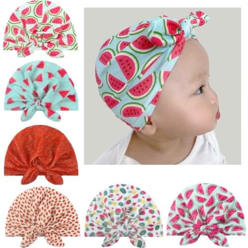 Cute 1PCS Spring Summer Printed Watermelon Bow Knot Baby Girls Hat Newborn Infant Toddler Kids Girls Turban Cartoon Beanie Caps