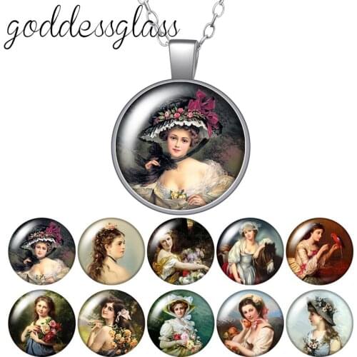 Vintage European Beauty Noble Lady Girls Round Glass glass cabochon silver plated/Crystal pendant necklace jewelry for Gift